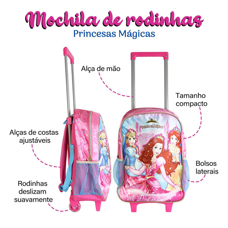 Mochila Escolar de Rodinhas Princesas Mágicas