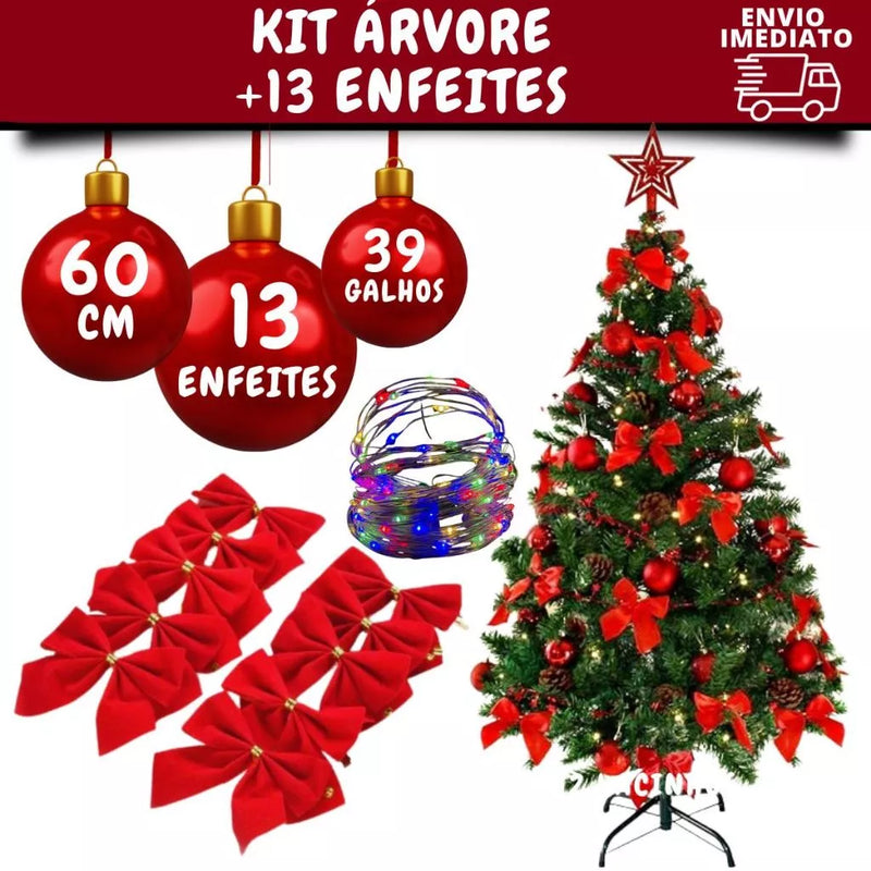 Árvore de Natal decorada com enfeites e luz de led - 60cm