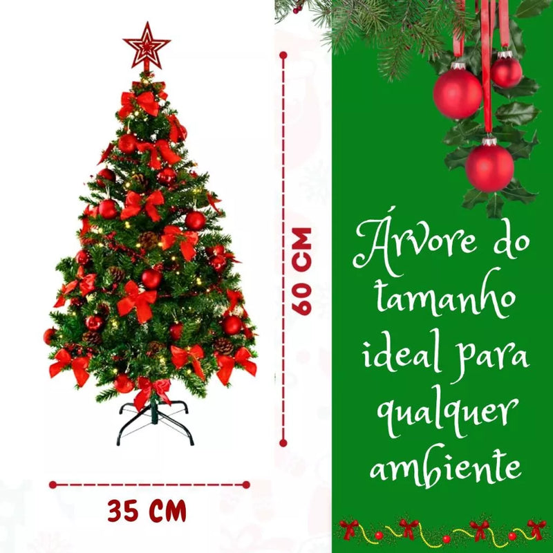 Árvore de Natal decorada com enfeites e luz de led - 60cm